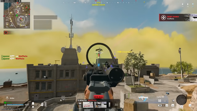 Warzone aimbot box ESP on Main Street rooftop with AR-27 and 23m distance tag